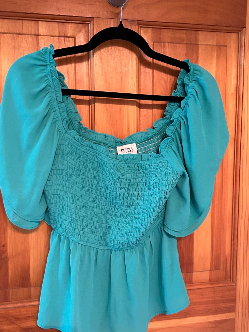 T22 NWT Small Aqua Bibi Smocked Short Sleeve Blouse